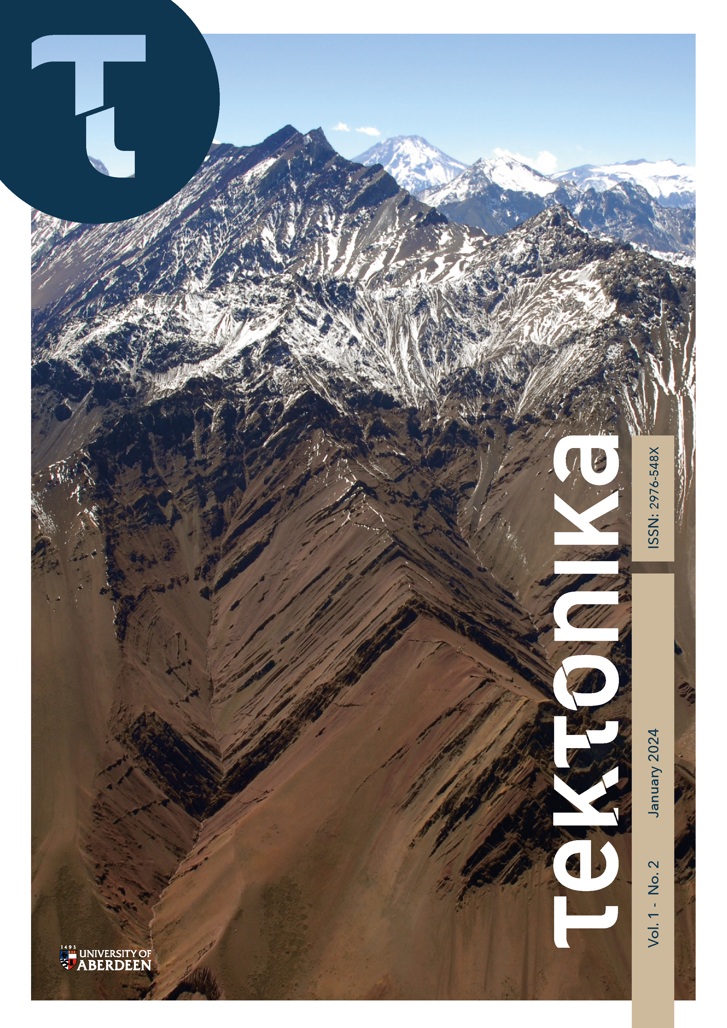 Aerial view of the Andes at the latitude of Santiago de Chile (33°20'), looking eastward. The Sierra del Coironal displays folded sedimentary rocks of the Cretaceous Formacion Colimapu. In the very foreground, the steeply dipping layers forming V-shaped outcrops mark the transition between the West Andean fold and thrust belt (in the west) and the shallower Aconcagua fold and thrust belt (in the east) (see e.g. Riesner et al., 2018). The highest summit in the background is the Tupungato volcano (6570m).