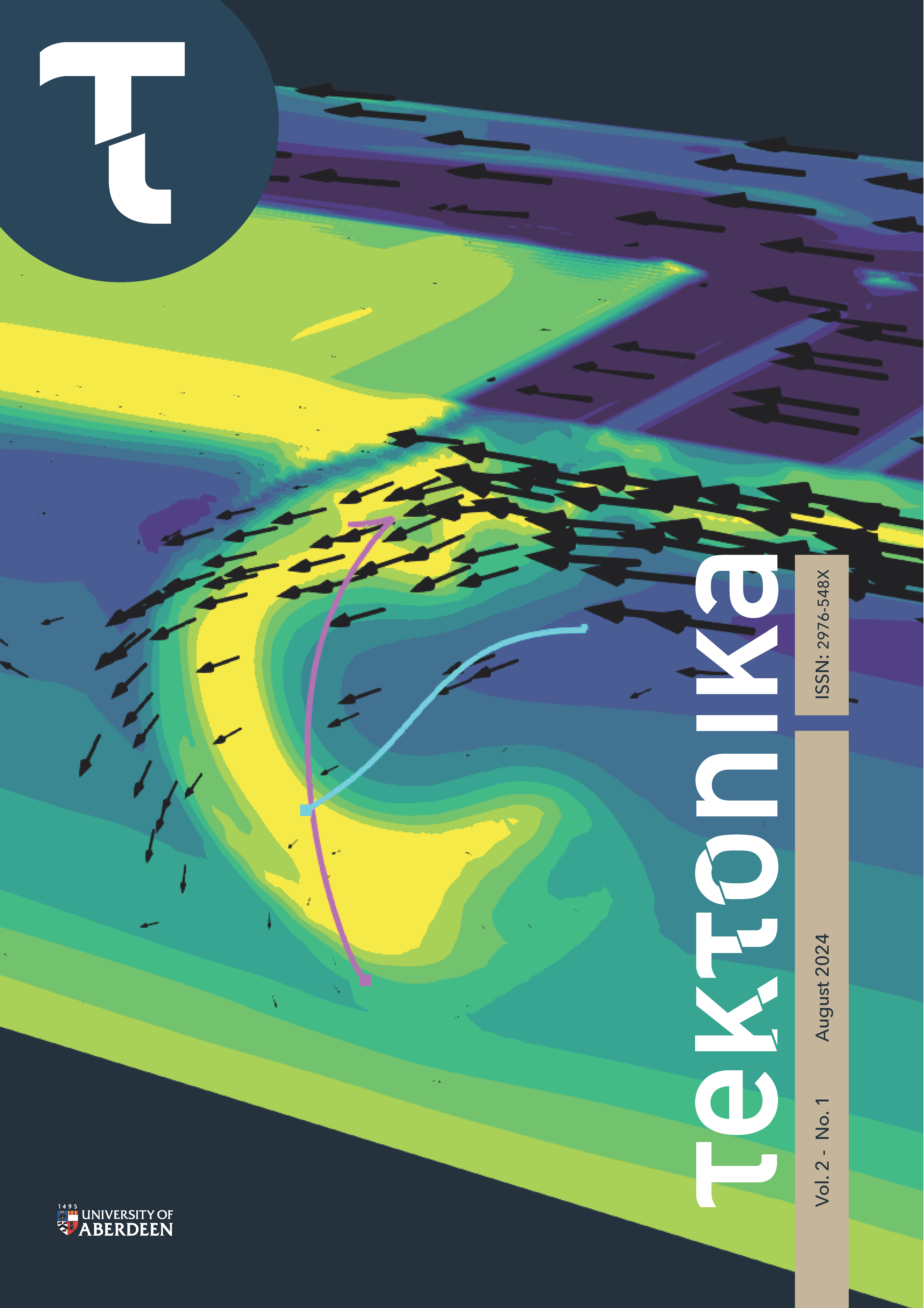3D numerical model of a subduction zone, showing viscosity (background, Viridis colourmap), velocity field (black arrows), and two particles tracking deformation above (pink line) and behind (blue line) the slab. The modelling work aims to assess the importance of anisotropic viscosity of mantle olivine texture during subduction. See Wang et al. (2024) in this issue for more details.