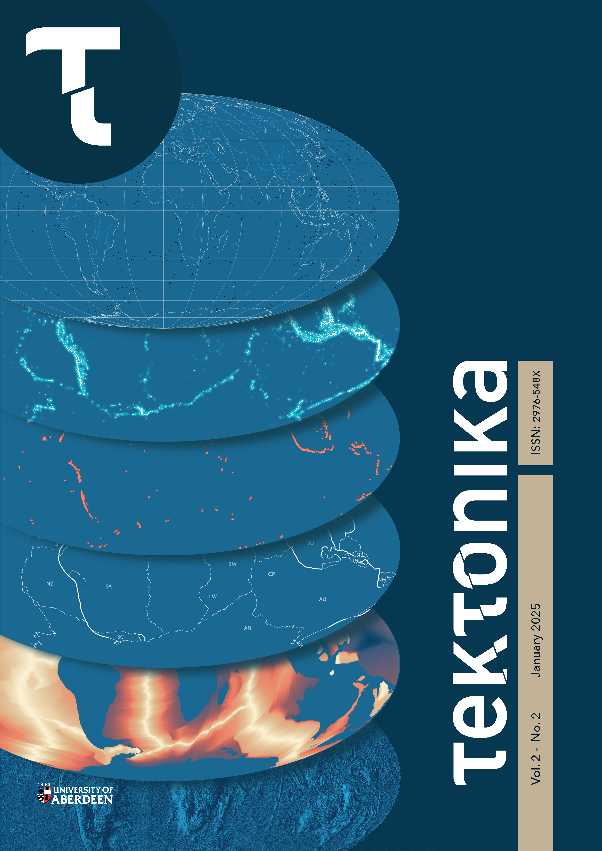 Visually accessible and scientifically accurate global maps of key plate tectonics features on Earth. They show, from bottom to top: the Earth’s surface topography, the oceanic crust age, plate boundaries and tectonic plate names, active volcanoes, largest earthquakes, and the outlines of the world map with major rivers. See colour bar for oceanic crust ages in the Editorial Figure 1, page II.